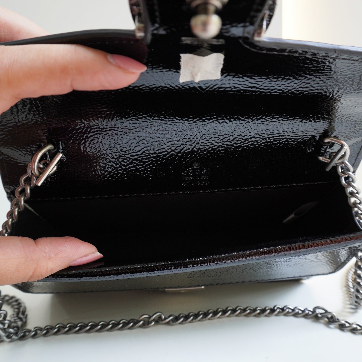 GG01 - Glossy Mini Chain Bag with Sculpted Buckle - Black