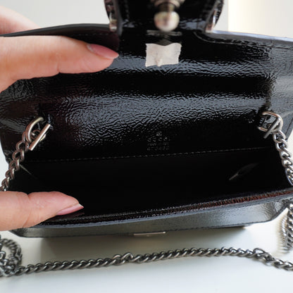 GG01 - Glossy Mini Chain Bag with Sculpted Buckle - Black