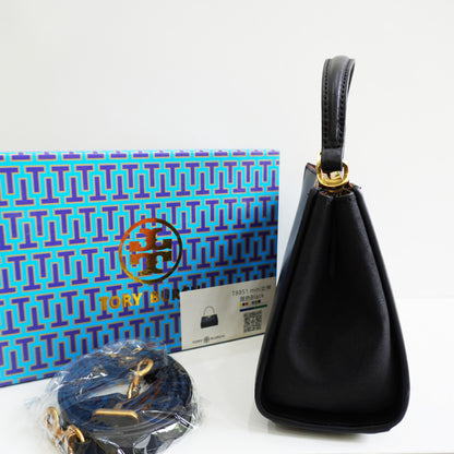 TB44 - Structured Black Mini Top-Handle Bag with Gold Hardware (Medium)