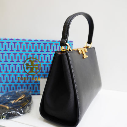 TB44 - Structured Black Mini Top-Handle Bag with Gold Hardware (Medium)