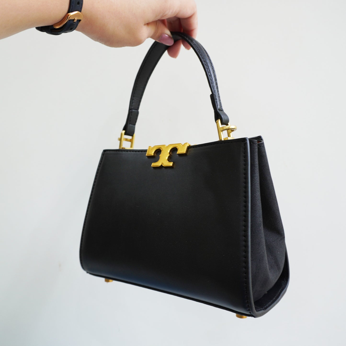 TB44 - Structured Black Mini Top-Handle Bag with Gold Hardware (Medium)