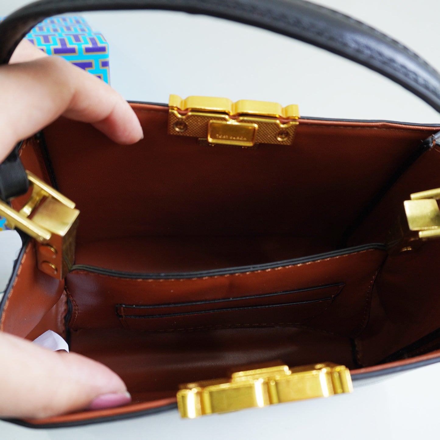 TB44 - Structured Black Mini Top-Handle Bag with Gold Hardware (Medium)