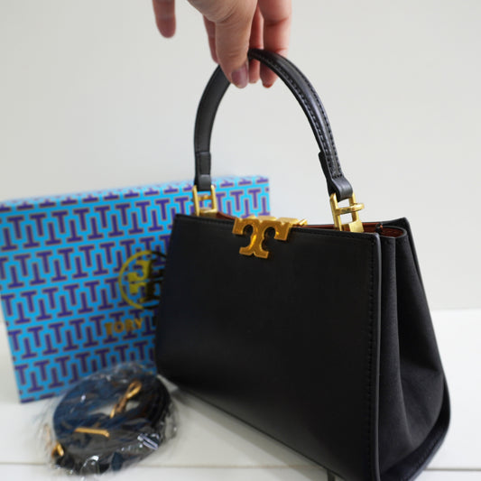 TB44 - Structured Black Mini Top-Handle Bag with Gold Hardware (Medium)