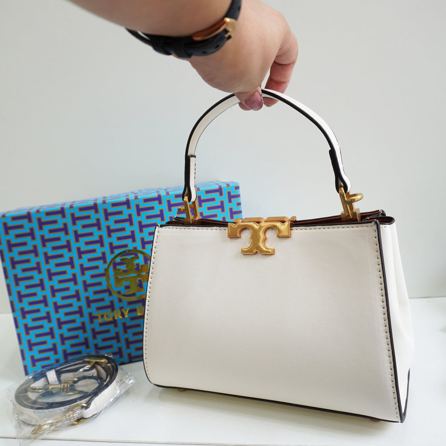 TB44 - Structured White Mini Top-Handle Bag with Gold Hardware (Medium)
