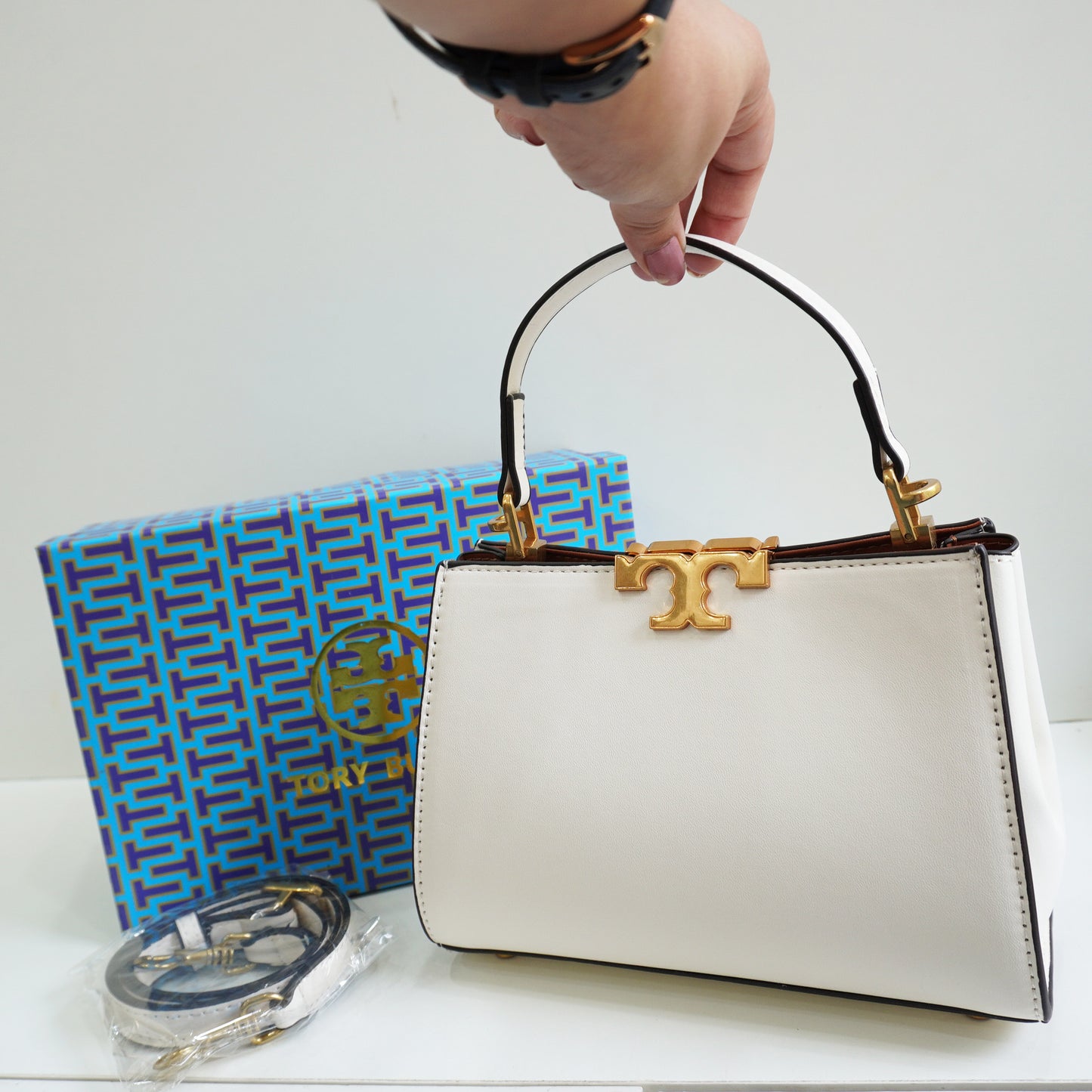 TB44 - Structured White Mini Top-Handle Bag with Gold Hardware (Medium)