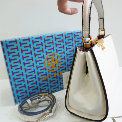 TB44 - Structured White Mini Top-Handle Bag with Gold Hardware (Medium)