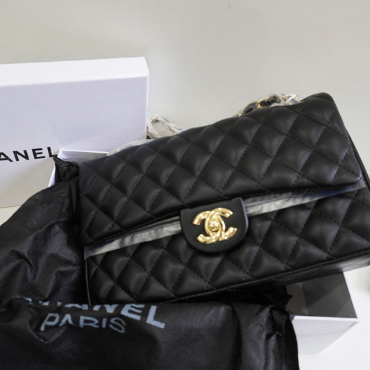 CHNL1 - Elegant Quilted Flap Bag – Black with Gold-Tone Chain