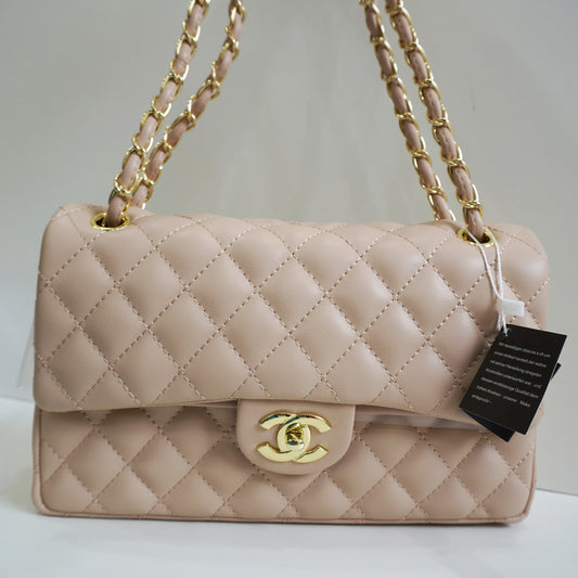CHNL1 - Elegant Quilted Flap Bag – Beige with Gold-Tone Chain