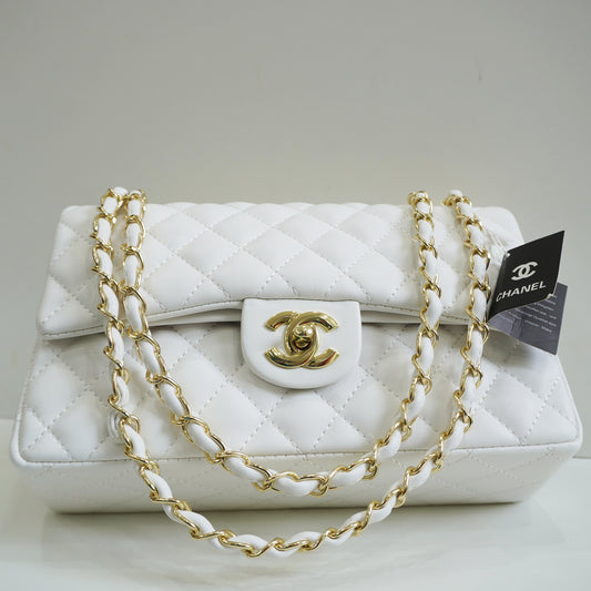 CHNL1 - Elegant Quilted Flap Bag – White with Gold-Tone Chain