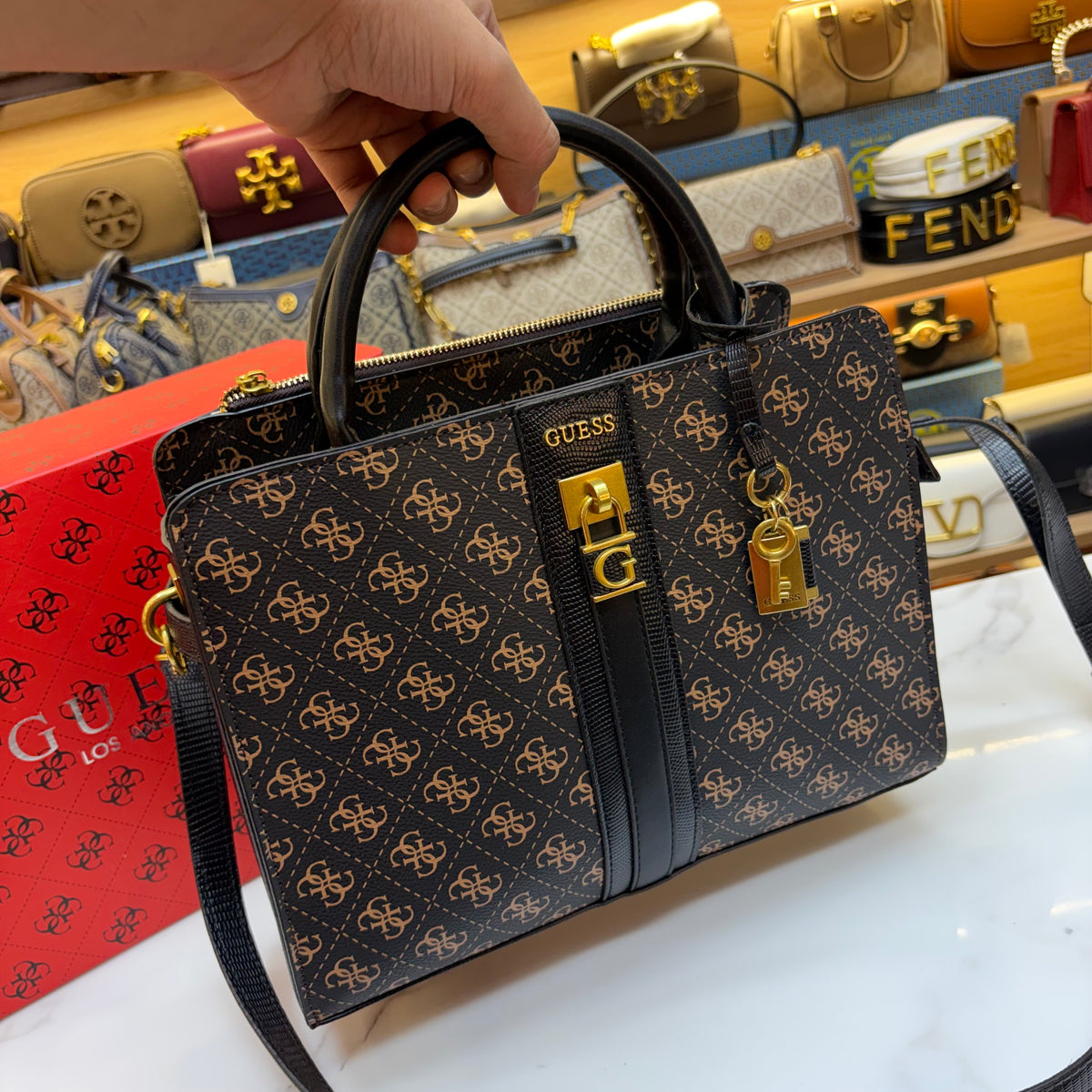 Guess Ginevra Elite Satchel - Dark Monogram Print
