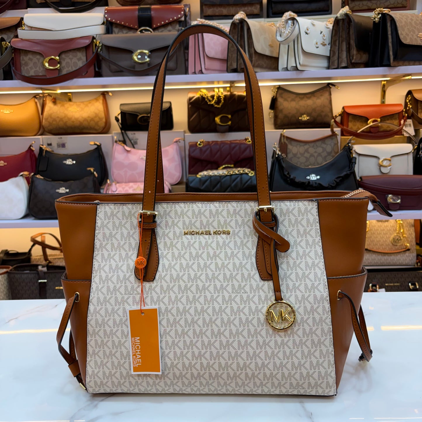 MK Gilly Large Drawstring Tote - Tan White