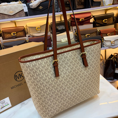 MK Quinn Full Size Top Zip Tote Bag - Tan White