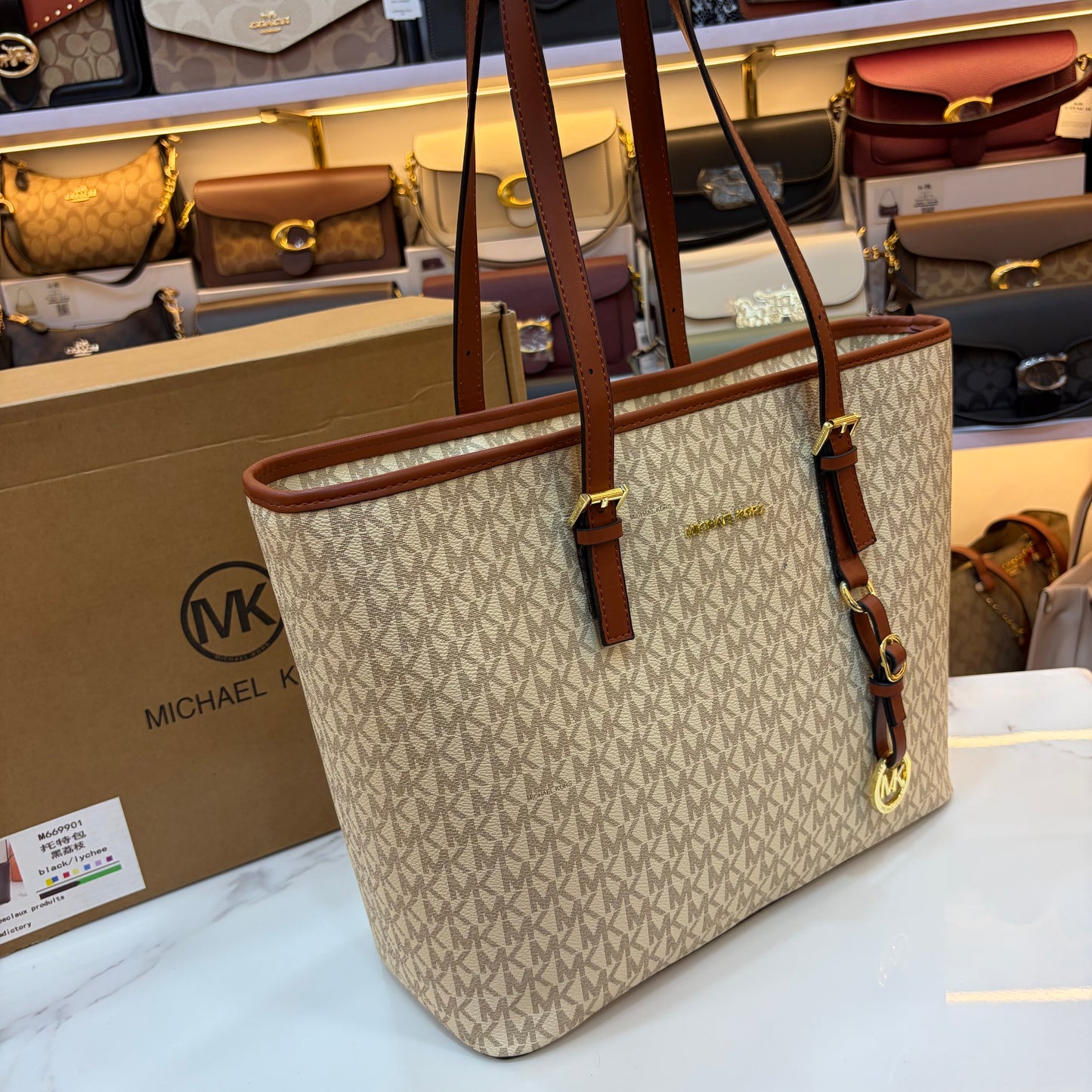MK Quinn Full Size Top Zip Tote Bag - Tan White