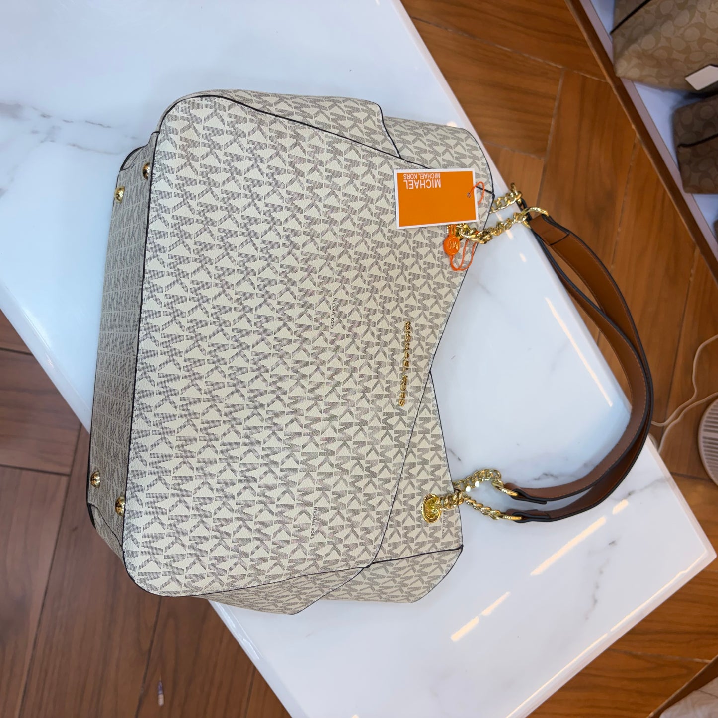 MK Jet Set Travel Tote Bag - Tan White