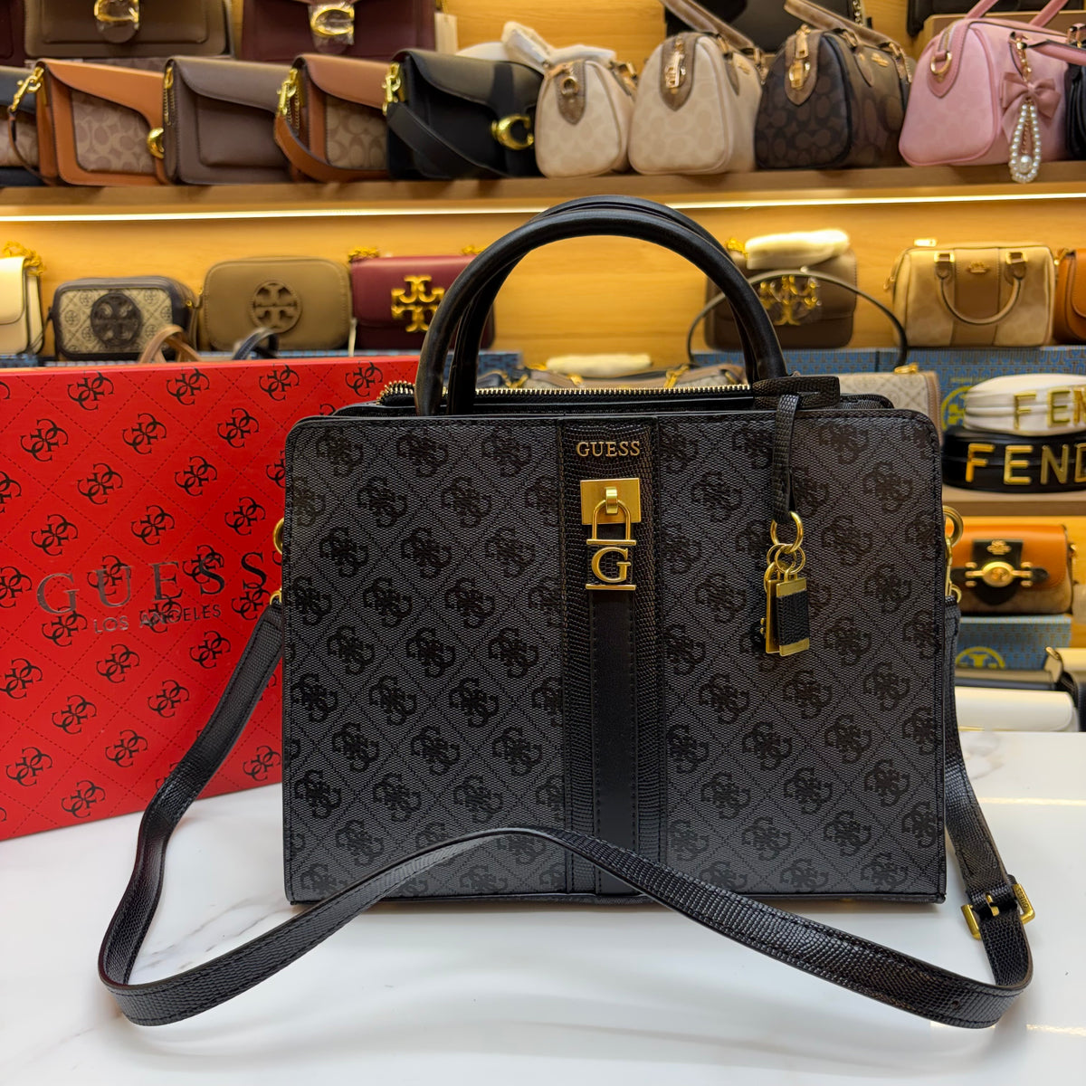 Guess Ginevra Elite Satchel - Black Monogram Print