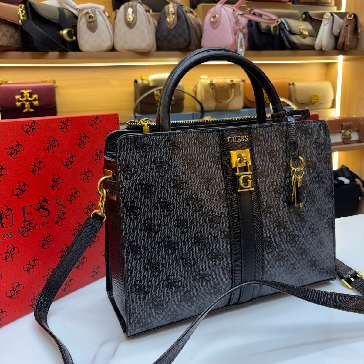 Guess Ginevra Elite Satchel - Black Monogram Print