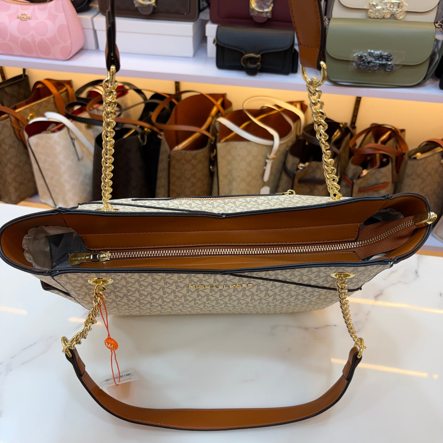 MK Jet Set Travel Tote Bag - Tan White