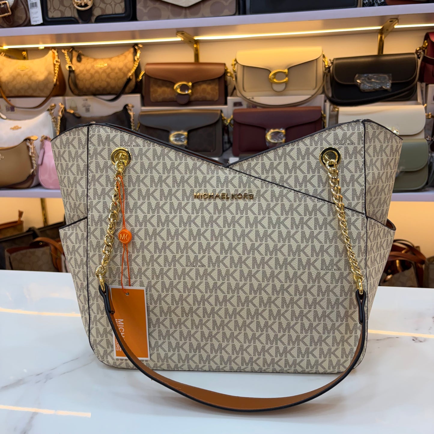MK Jet Set Travel Tote Bag - Tan White