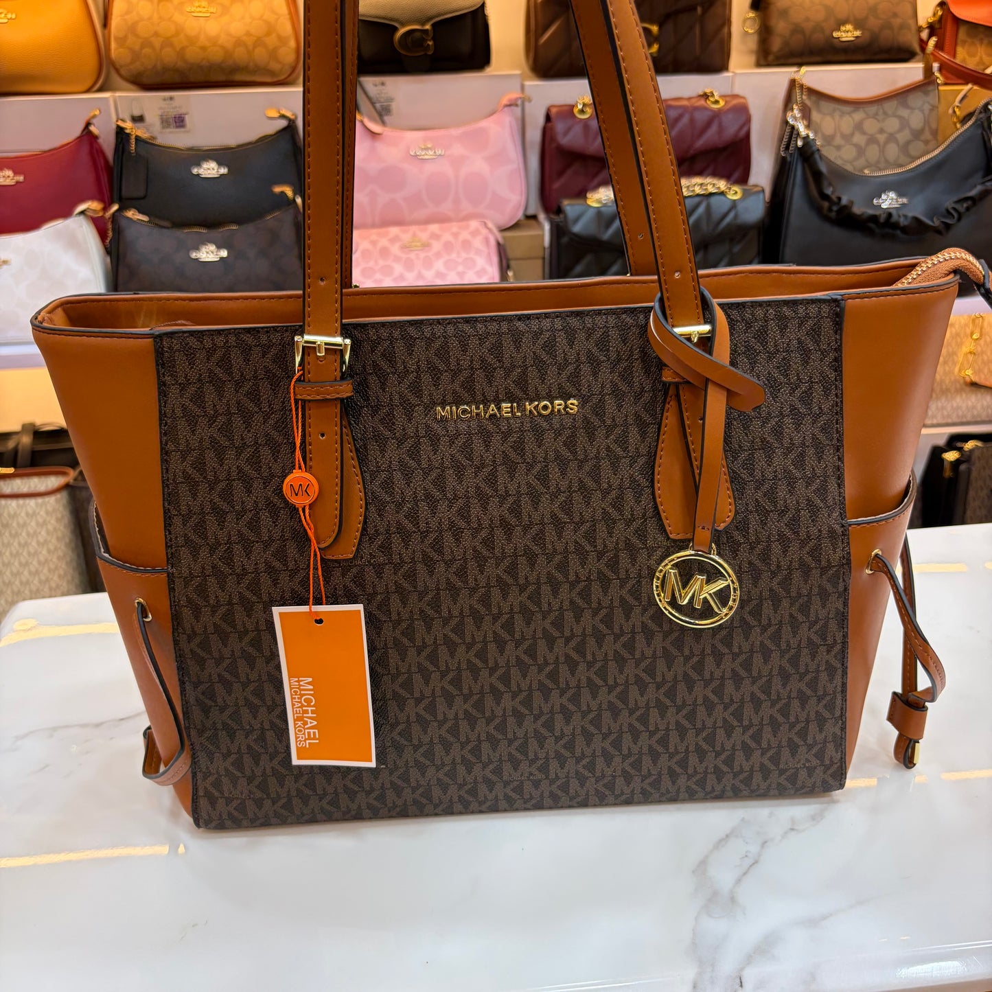 MK Gilly Large Drawstring Tote - Tan Brown
