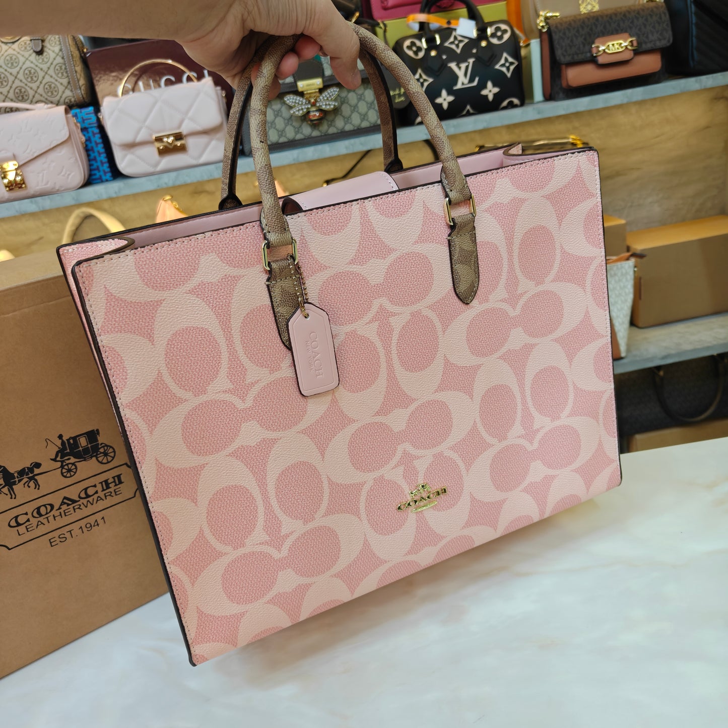 CH Maggie Tote Bag Ultra Premium with Box (Pink with Brown Handle)