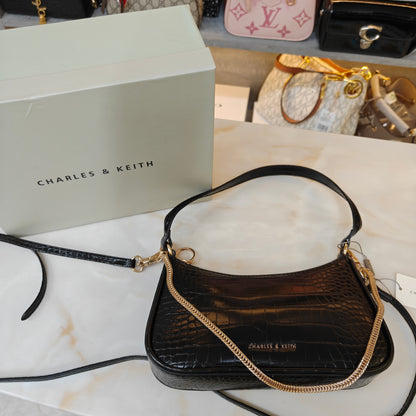 CNK Elspeth Croc-Effect Chain-Link Shoulder Bag - Black Croco