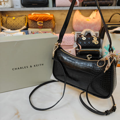 CNK Elspeth Croc-Effect Chain-Link Shoulder Bag - Black Croco