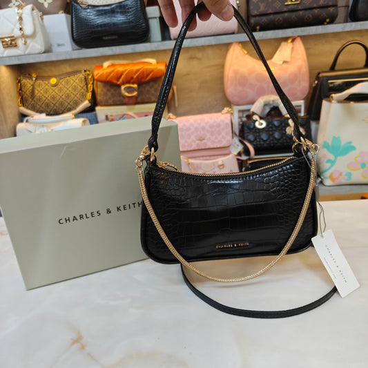 CNK Elspeth Croc-Effect Chain-Link Shoulder Bag - Black Croco