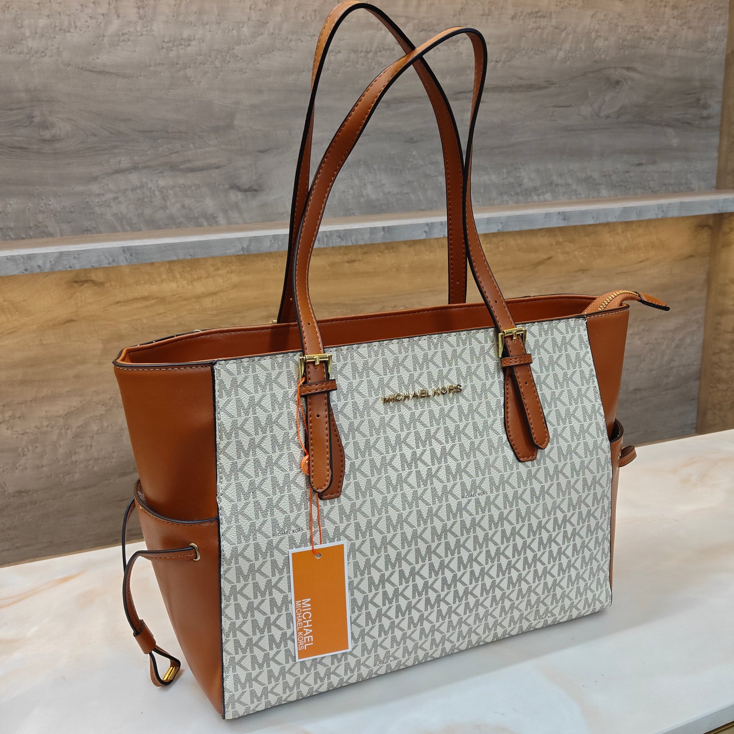 MK55 - 3 Partition Tote Bag (Large) (Tan White)
