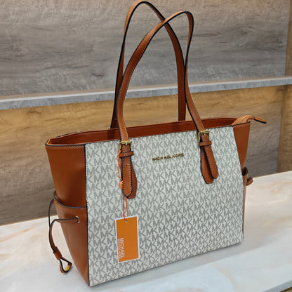 MK55 - 3 Partition Tote Bag (Large) (Tan White)
