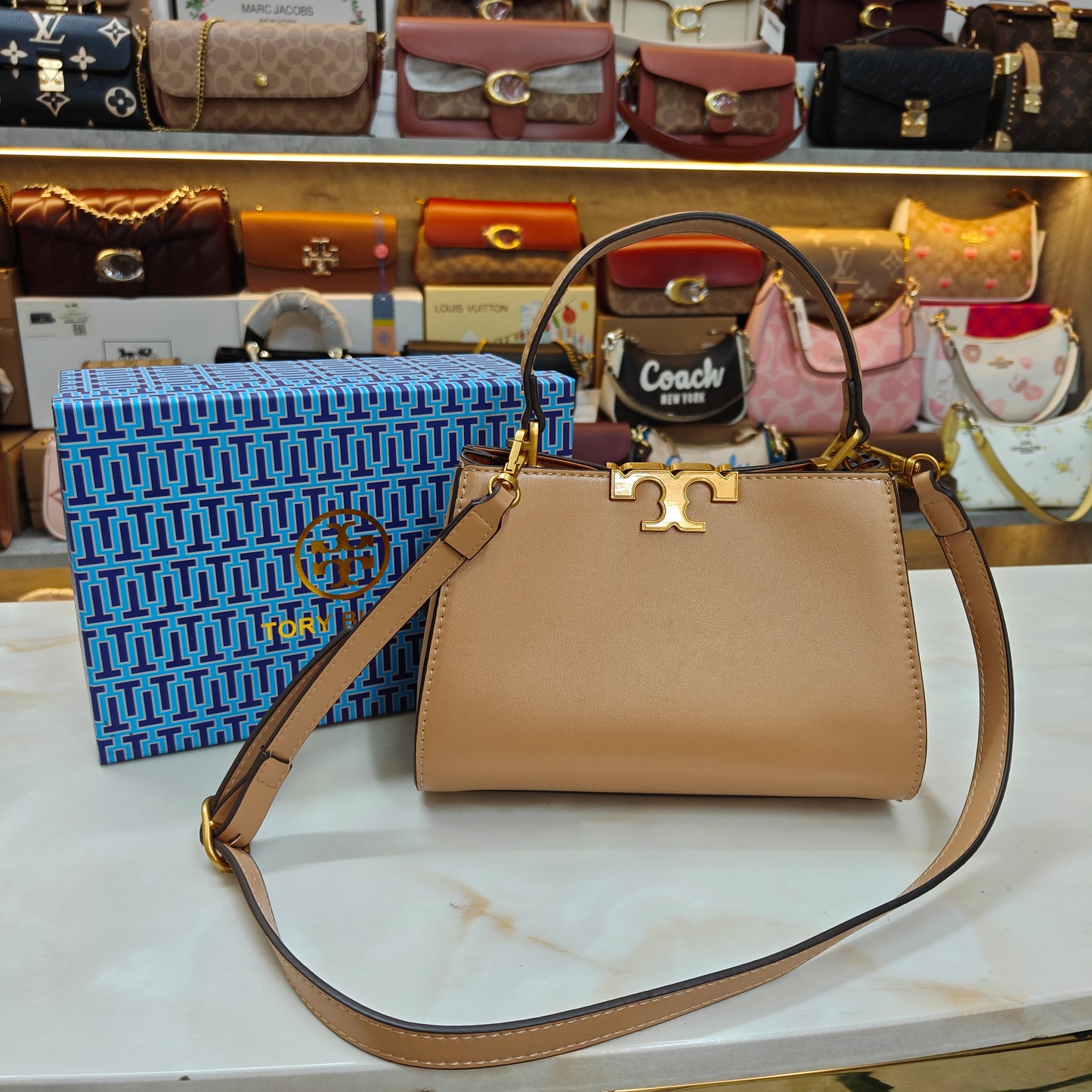 TB44 - Structured (Beige Colour) Top-Handle Bag with Gold Hardware (Medium Size)