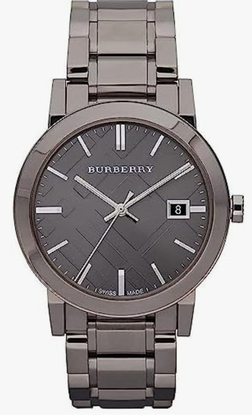 Brbry Swiss Rare Gunmetal Black Gray Date Dial 38mm Unisex Men Women Stainless Steel