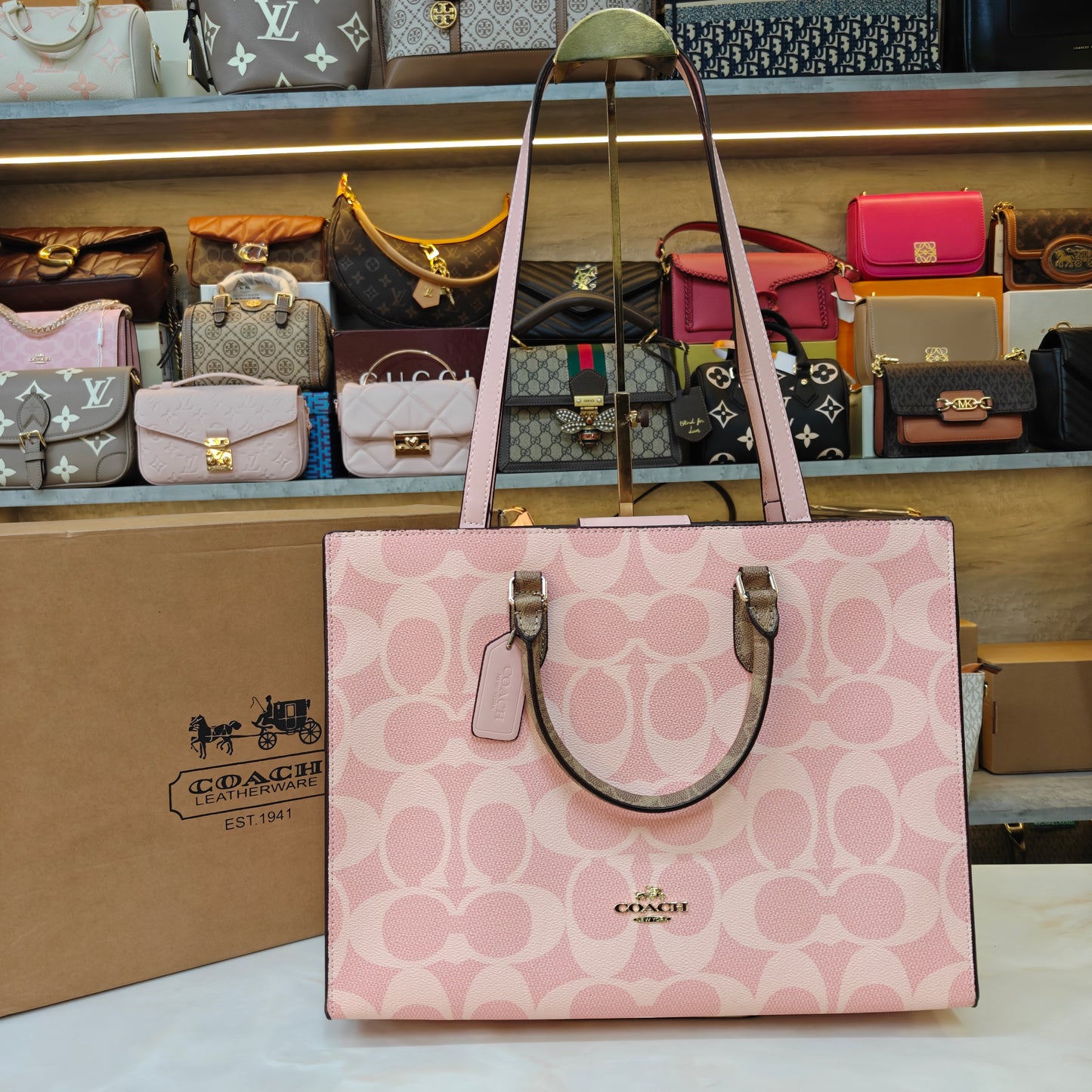 CH Maggie Tote Bag Ultra Premium with Box (Pink with Brown Handle)