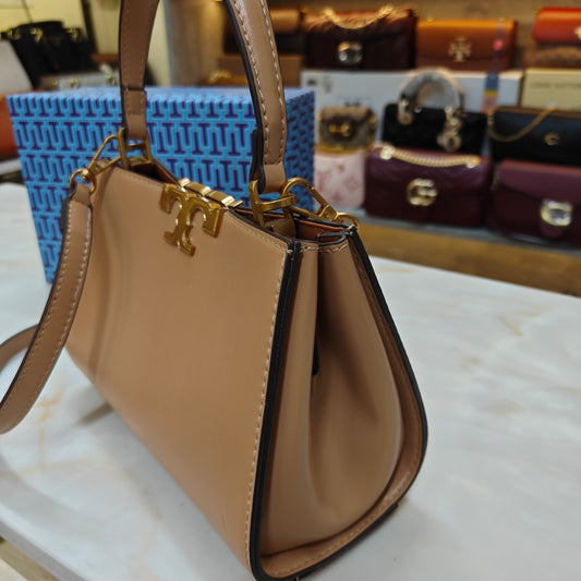 TB44 - Structured (Beige Colour) Top-Handle Bag with Gold Hardware (Medium Size)