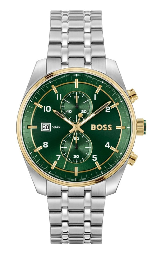 B.S Skytraveller Qtz Analog Fashion Chrono Green Round Dial Men's Watch|Stainless Steel Material|Silver Color Band