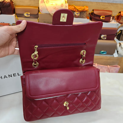 CHNL1 - Elegant Quilted Flap Bag – Wine with Gold-Tone Chain