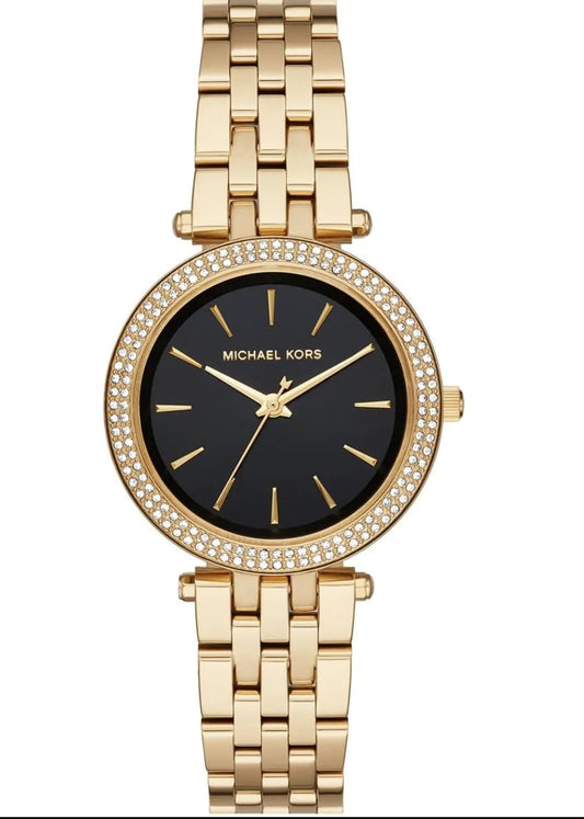 MK Watch For WomenWith Black dial , Featured with Crystals decorated
Stainless steel Metal belt with Gold color