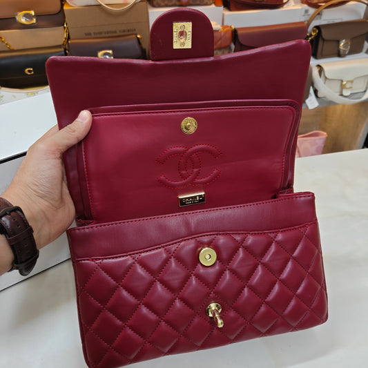CHNL1 - Elegant Quilted Flap Bag – Wine with Gold-Tone Chain