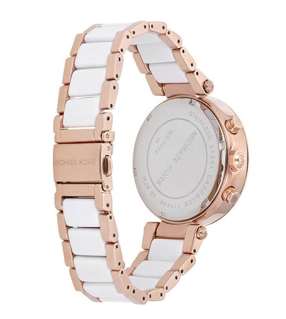 MK Parker White Dial Gold Tone SS Quartz Chrono Ladies Watch