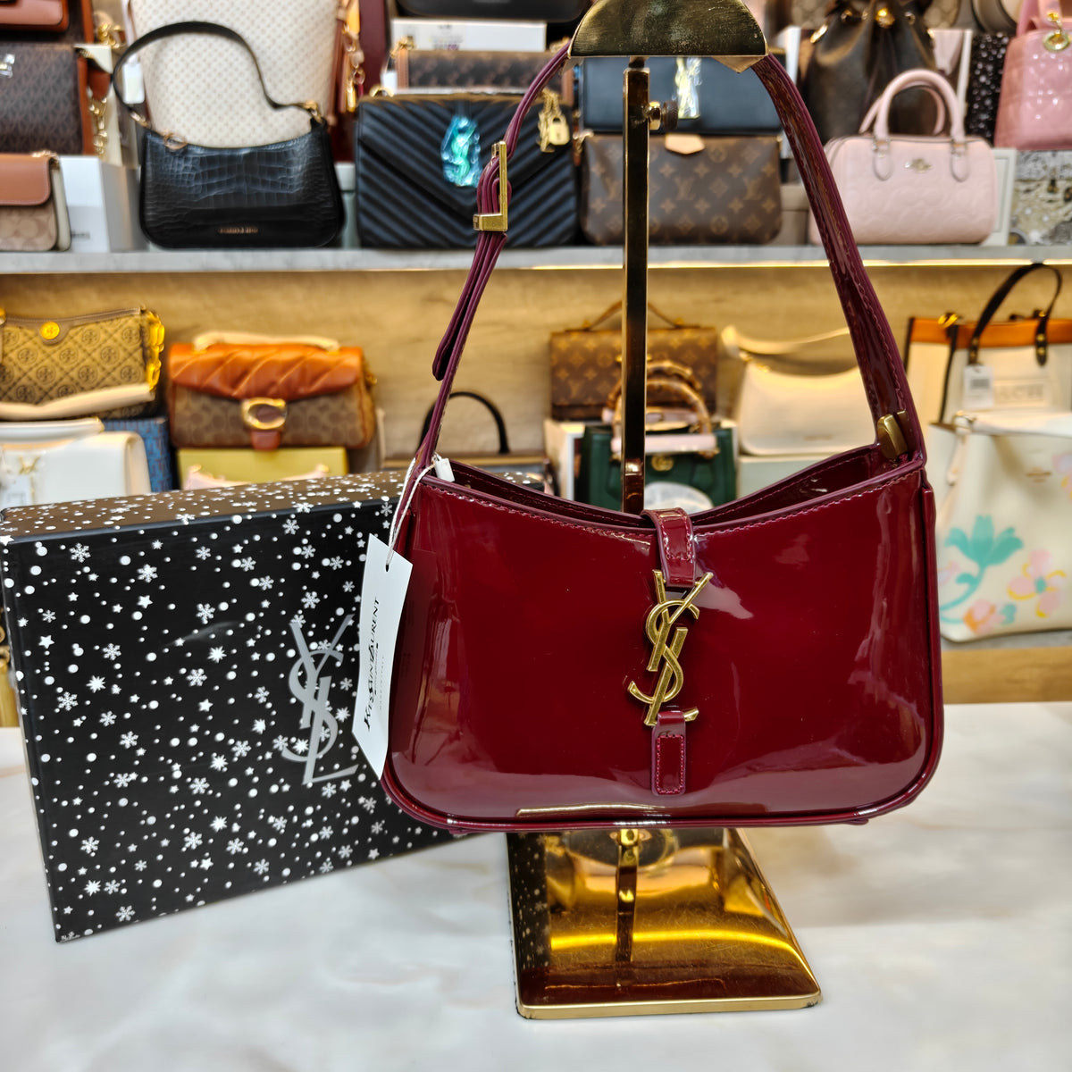 YSL88 Patent Shoulder Bag - Wine