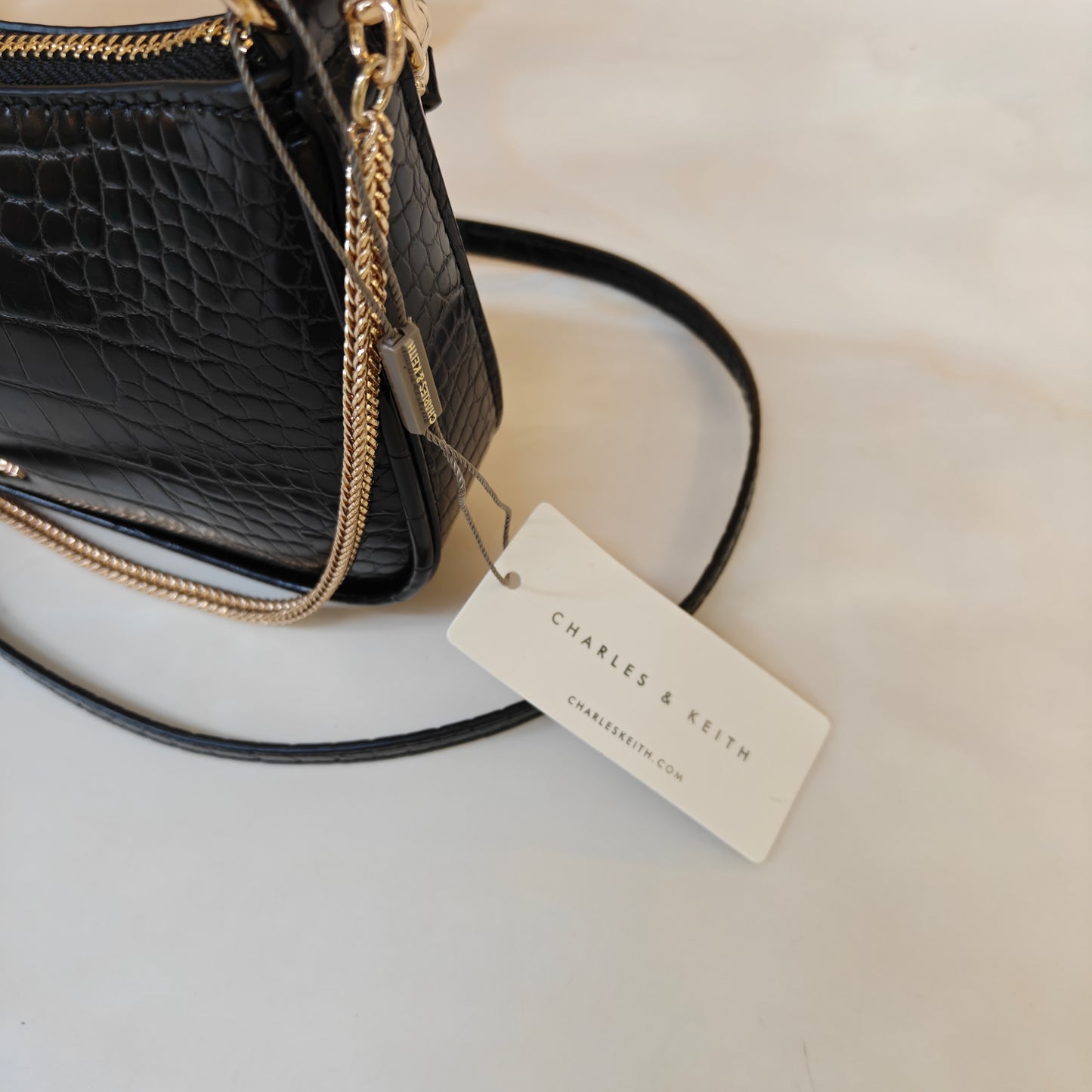 CNK Elspeth Croc-Effect Chain-Link Shoulder Bag - Black Croco