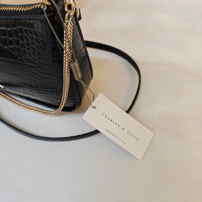 CNK Elspeth Croc-Effect Chain-Link Shoulder Bag - Black Croco