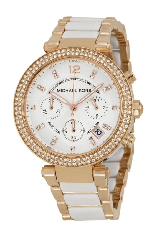 MK Parker White Dial Gold Tone SS Quartz Chrono Ladies Watch