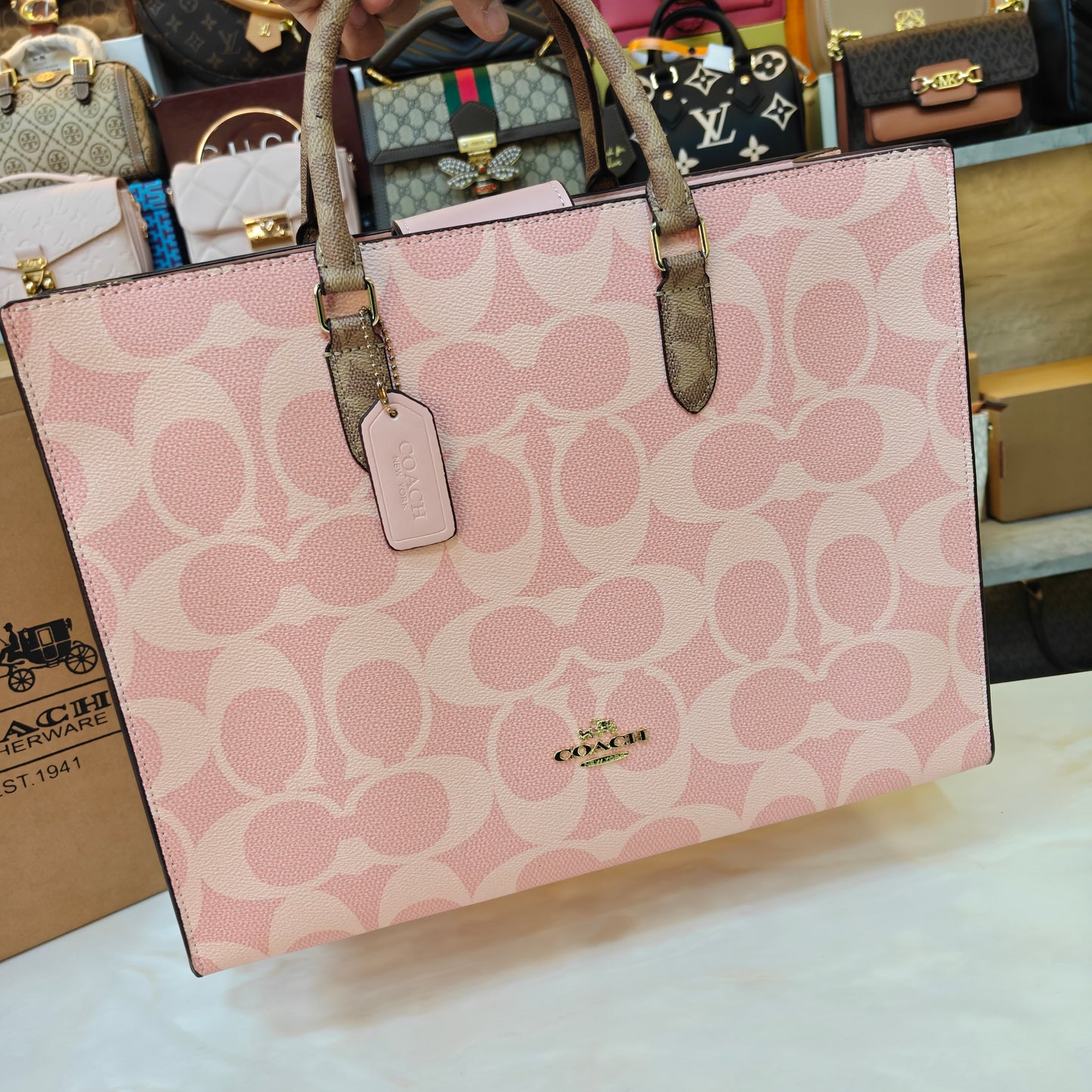 CH Maggie Tote Bag Ultra Premium with Box (Pink with Brown Handle)