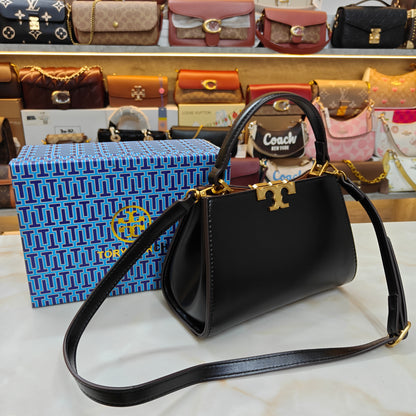 TB44 - Structured Black Mini Top-Handle Bag with Gold Hardware (Medium Size)