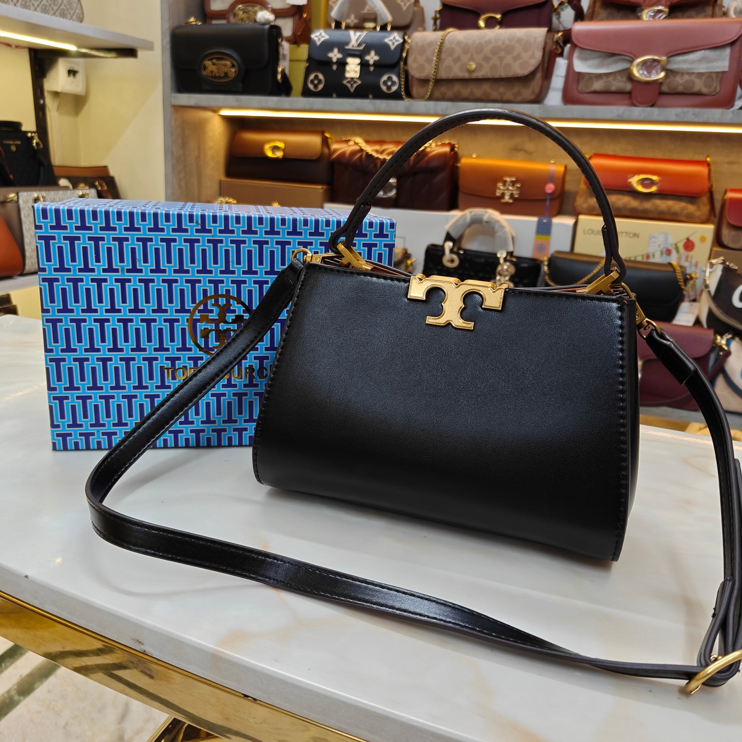 TB44 - Structured Black Mini Top-Handle Bag with Gold Hardware (Medium Size)