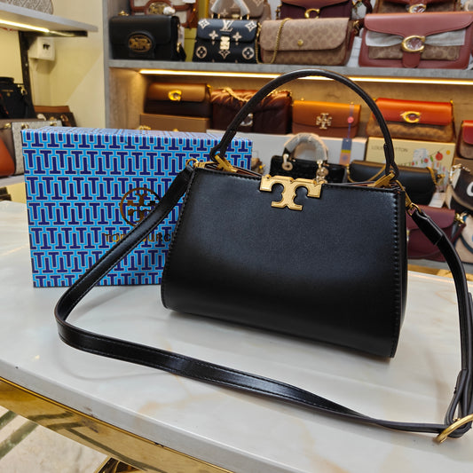 TB44 - Structured Black Mini Top-Handle Bag with Gold Hardware (Medium Size)