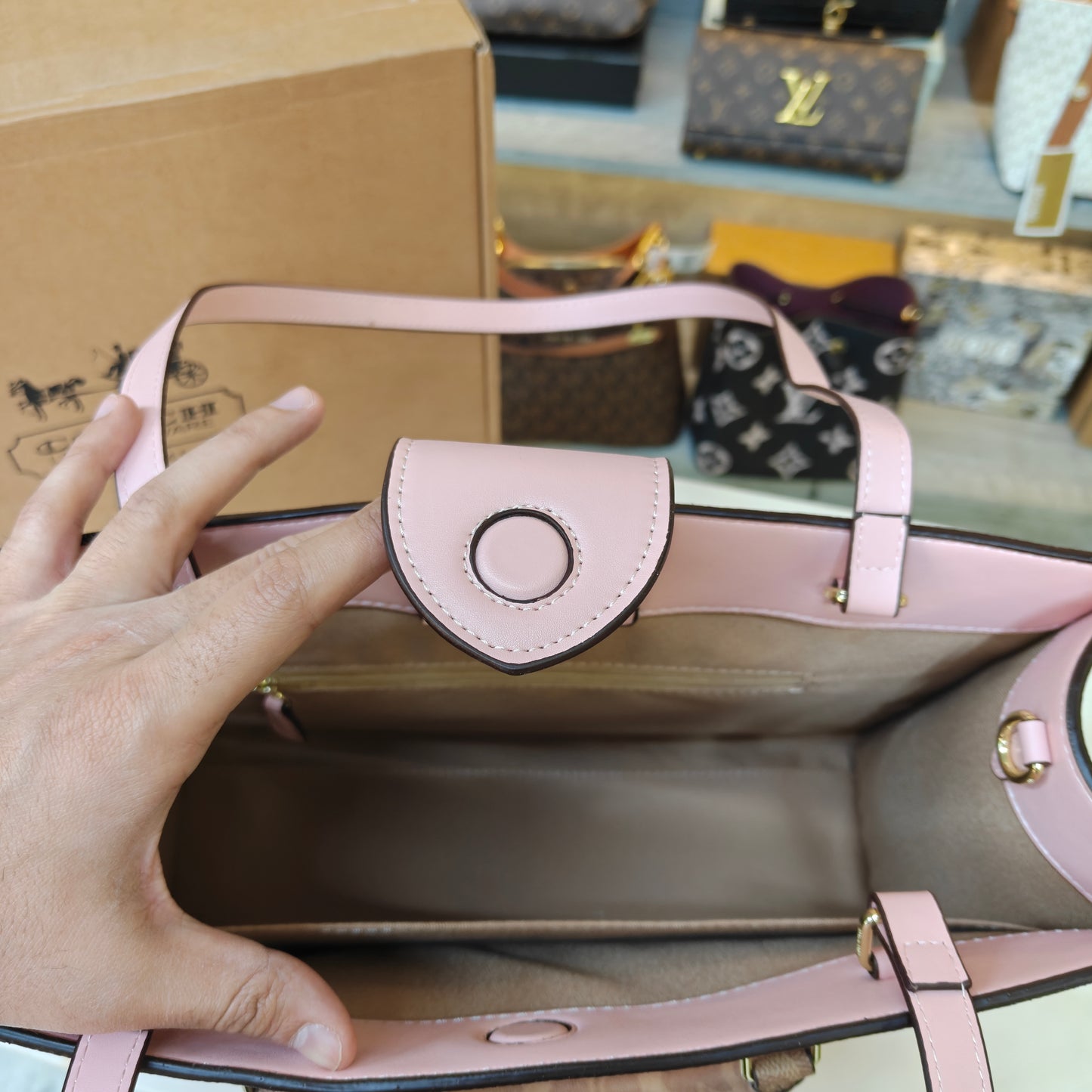 CH Maggie Tote Bag Ultra Premium with Box (Pink with Brown Handle)