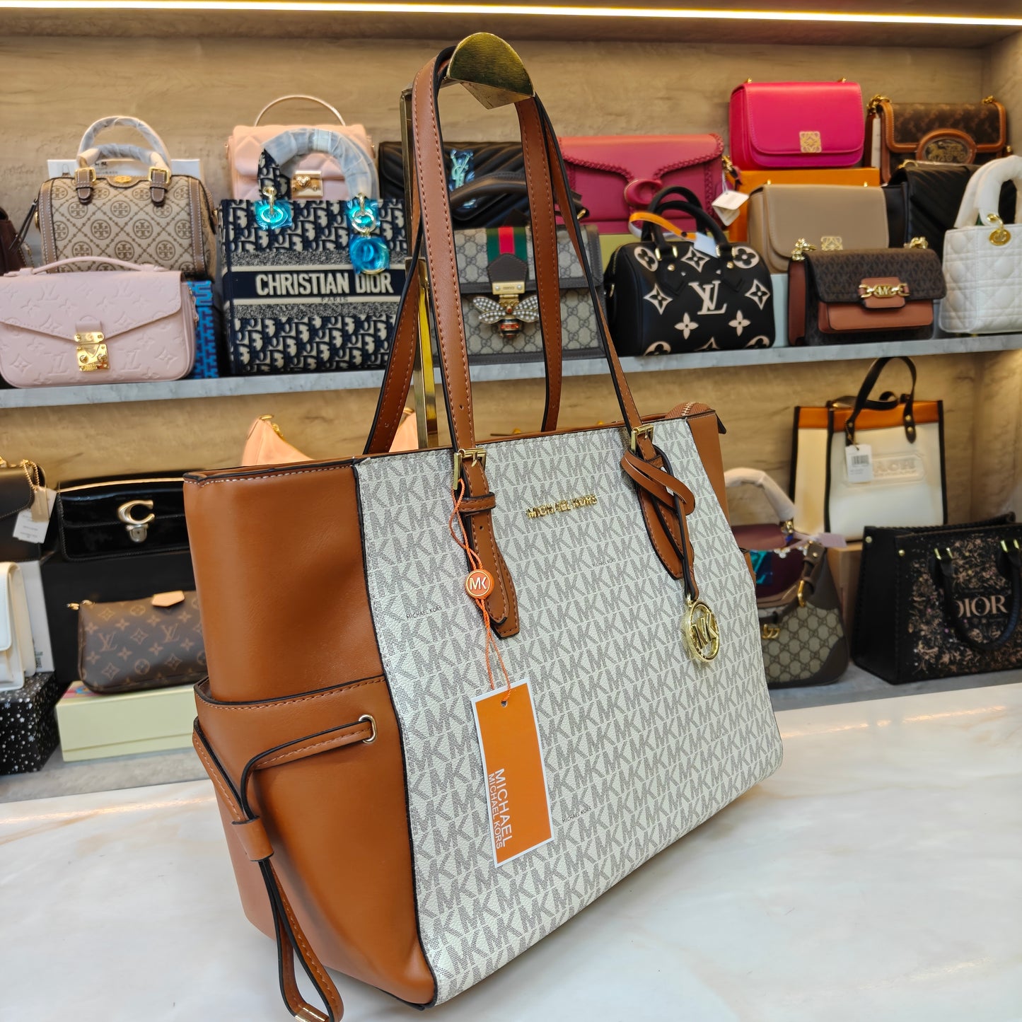 MK99 3 Partition Tote Bag - White Tan Colour