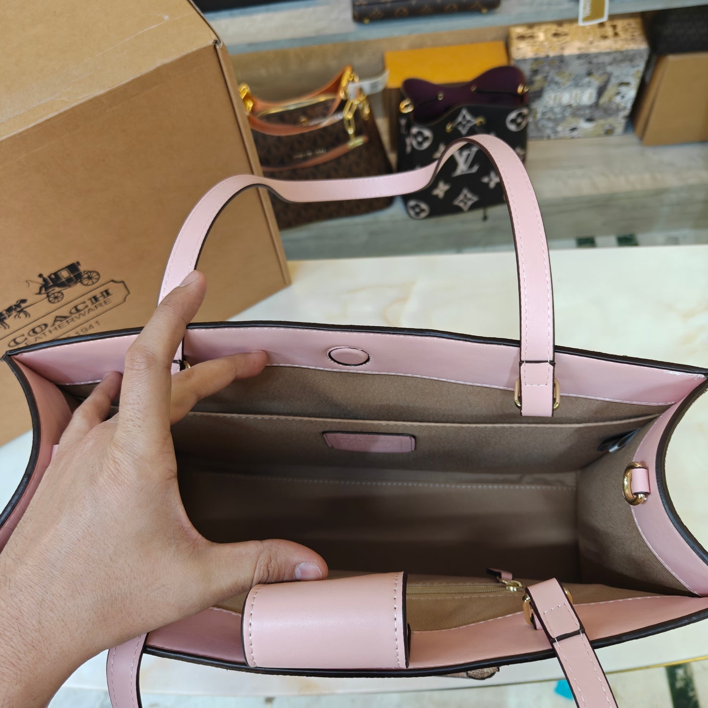 CH Maggie Tote Bag Ultra Premium with Box (Pink with Brown Handle)