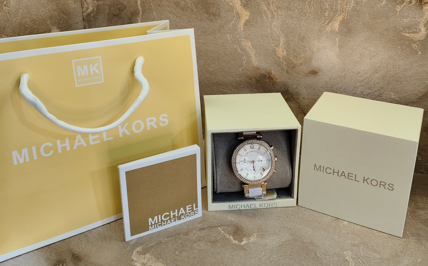 MK Parker White Dial Gold Tone SS Quartz Chrono Ladies Watch
